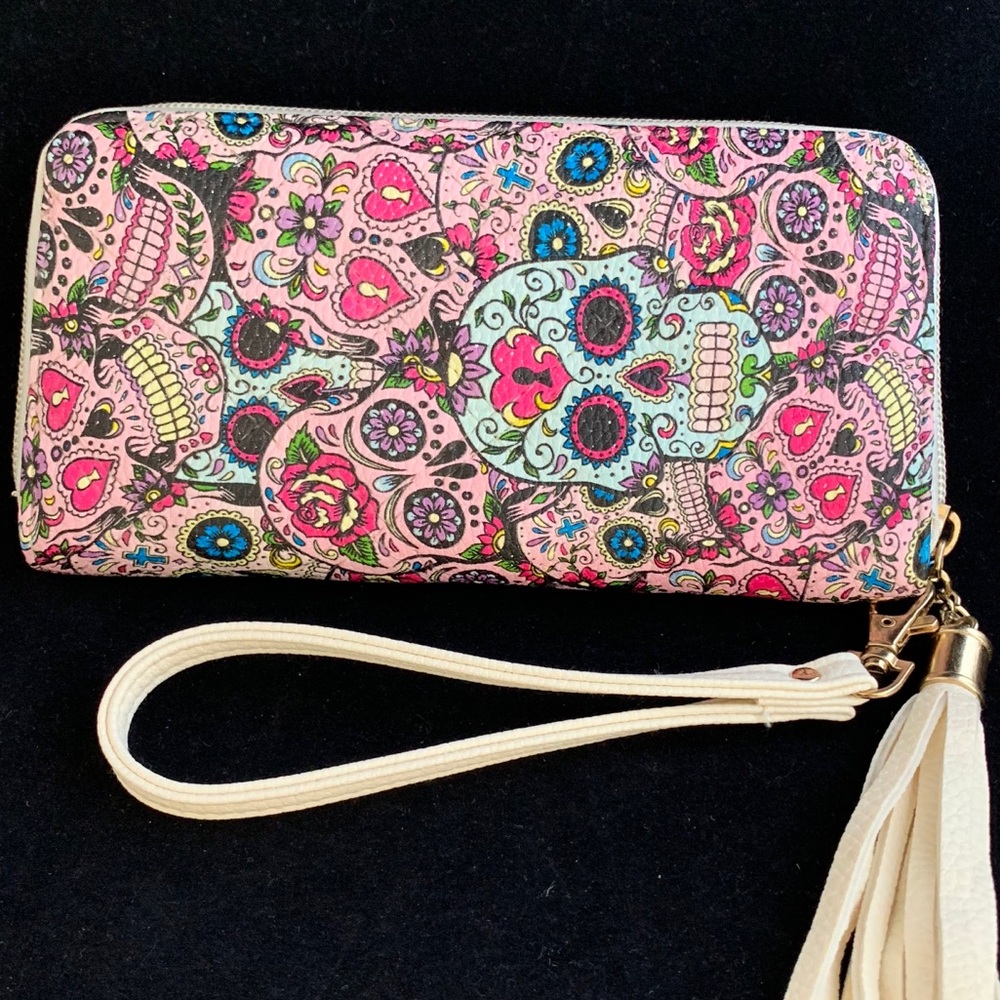 One-of-a-kind HYDROGRAPHIC sugar skull wristlet